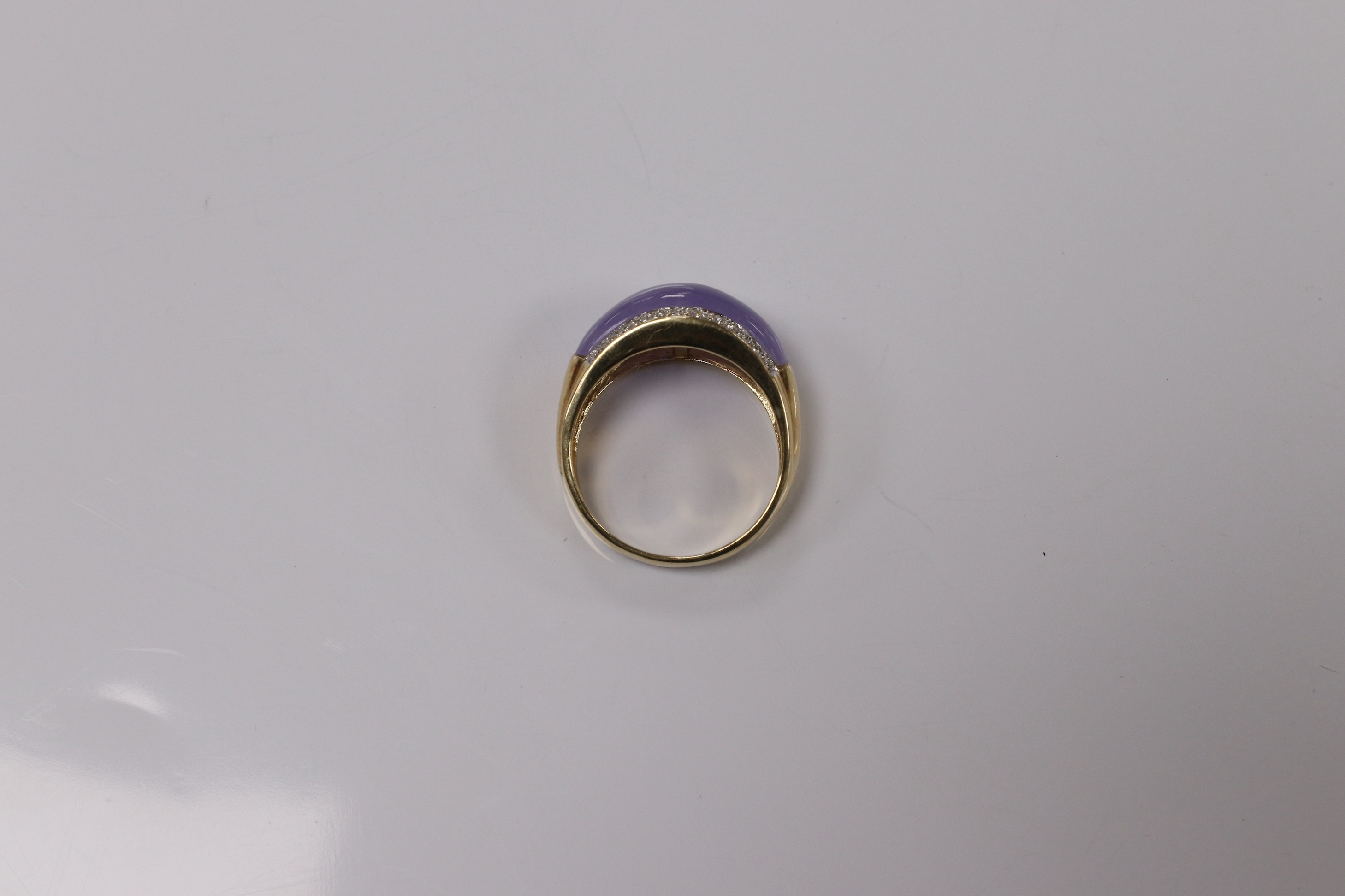 A modern 14k, lavender jade and diamond chip set demi-lune ring, size Q, gross weight 5.6 grams. Condition - fair